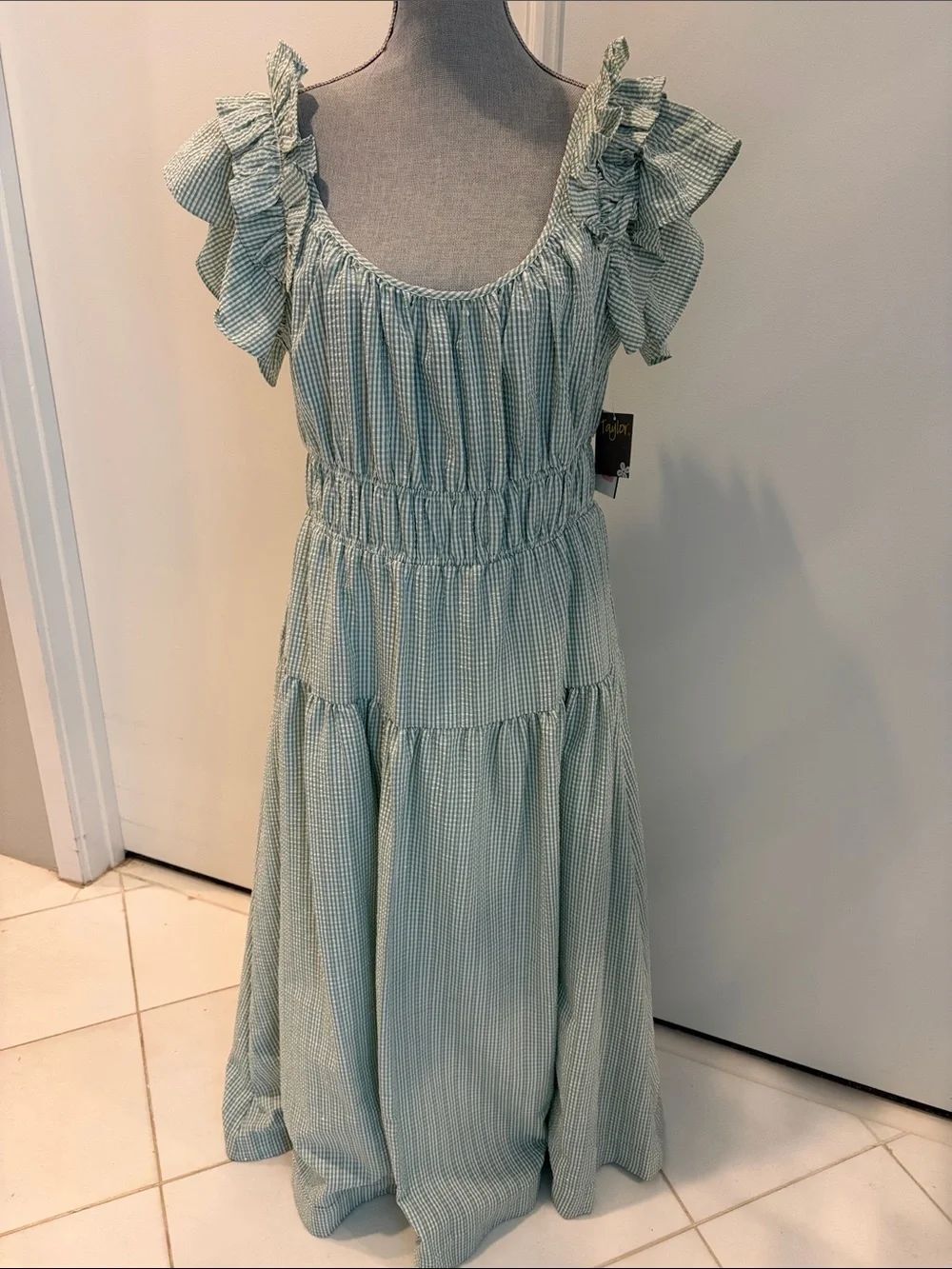 Taylor Mint Gingham Ruffle-Sleeve Maxi
